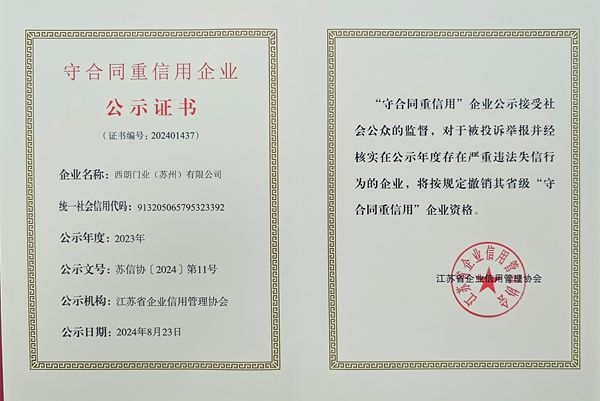 西朗門(mén)業(yè)榮獲”守合同重信用“